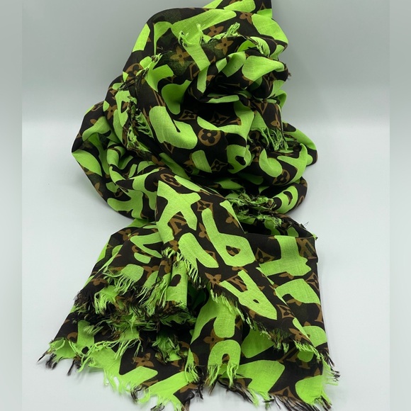 Louis Vuitton x Stephen Sprouse Graffiti Neon Green Monogram Scarf Stole Wrap - Picture 5 of 12